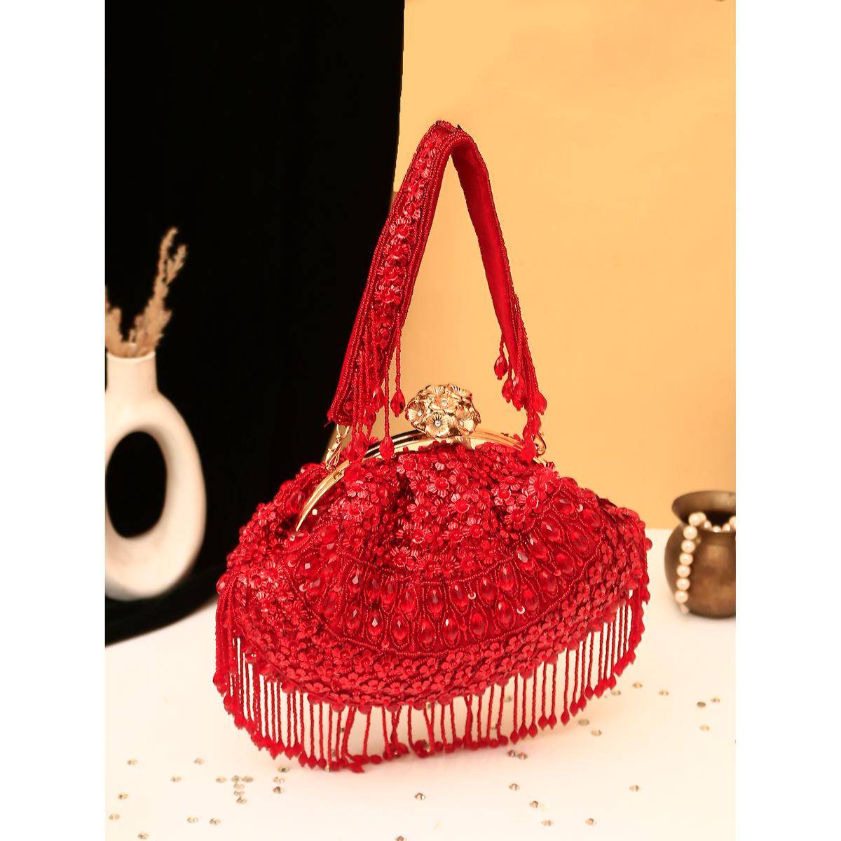 SWISNI Red Heavy Embroidered Batua Bag
