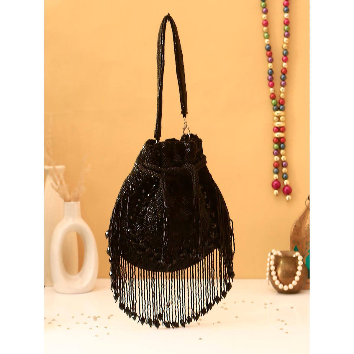 SWISNI Black Heavy Luxury Crystal Potli Bag