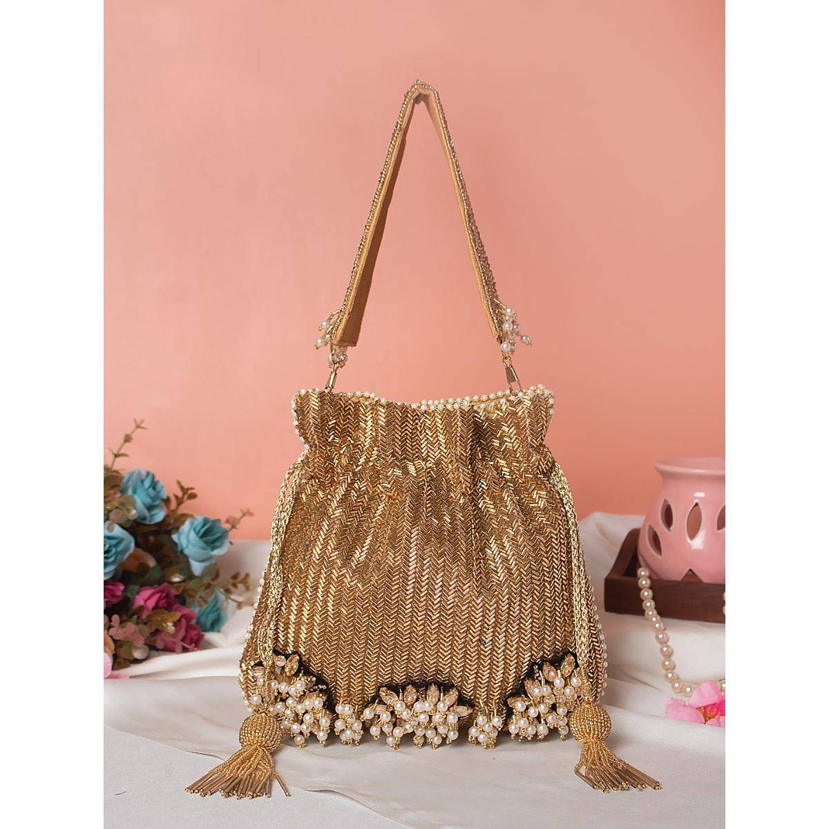 SWISNI Womens Gold Embroidered Potli Bag