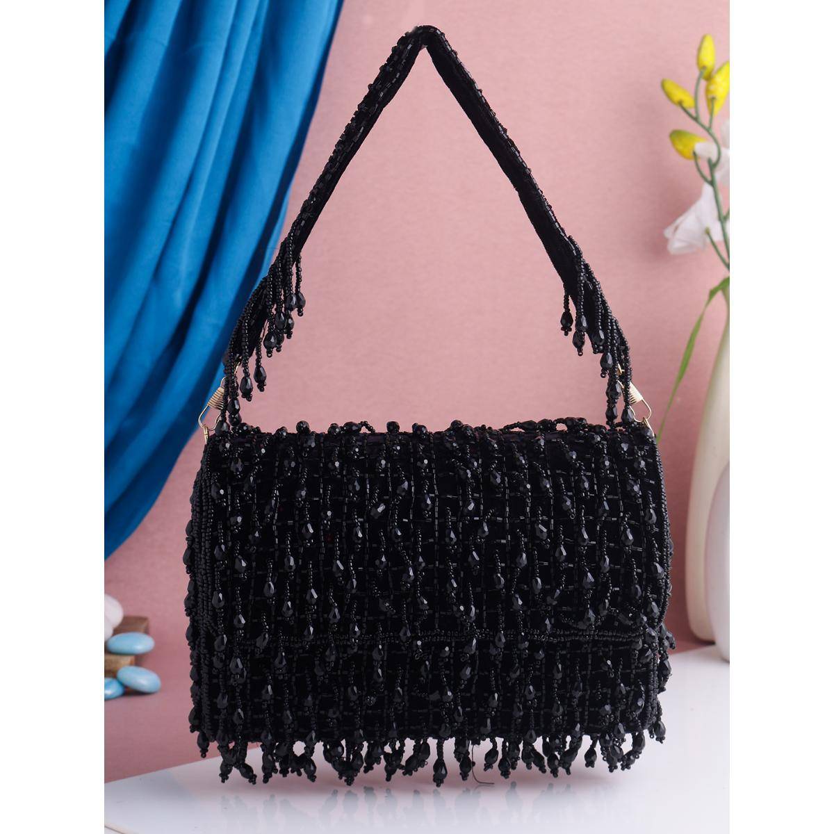SWISNI Black Crystal Flap Clutch Bag