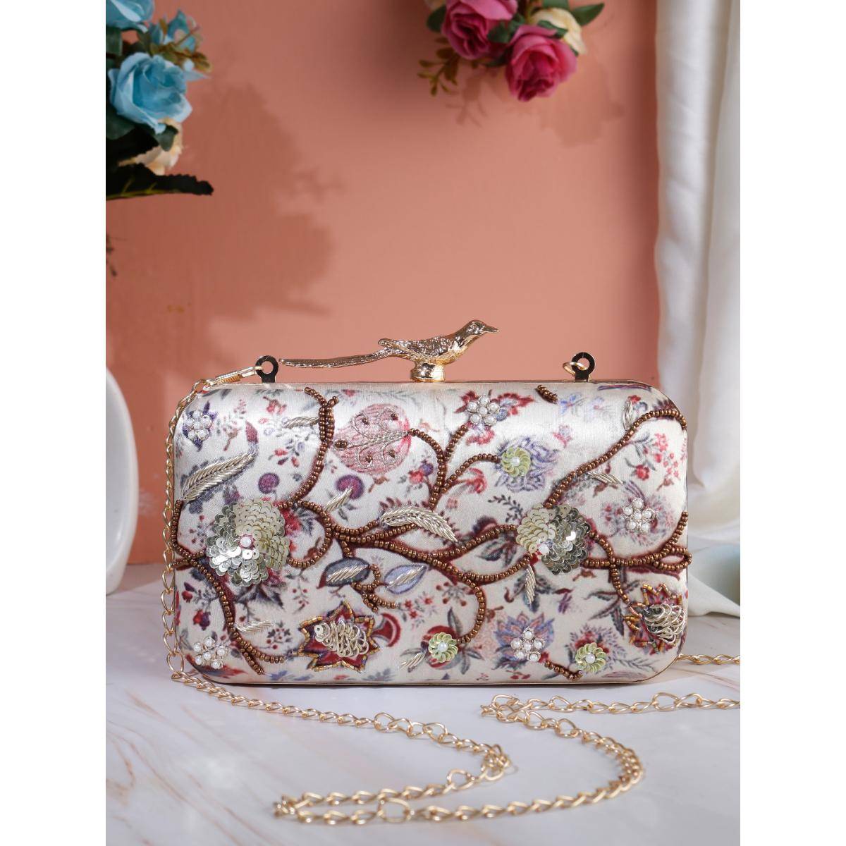SWISNI White Printed Embroidered Clutch Bag