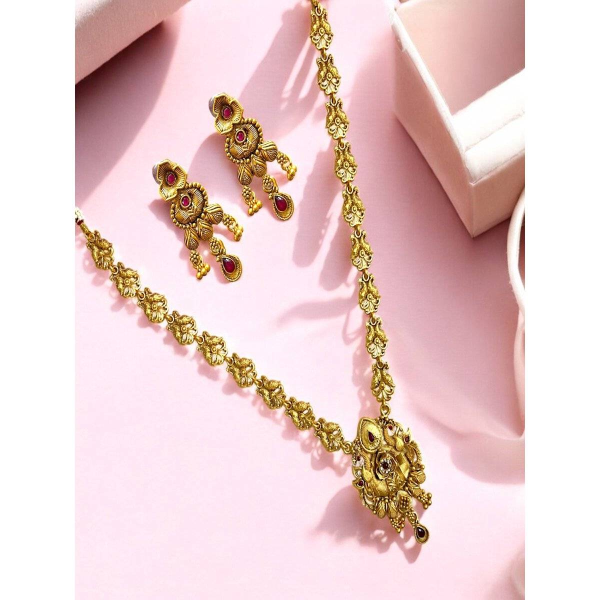 Accessher Gold Plated Kalash Style Rani Haar Temple Necklace with Green-Red Stone (Set of 2)
