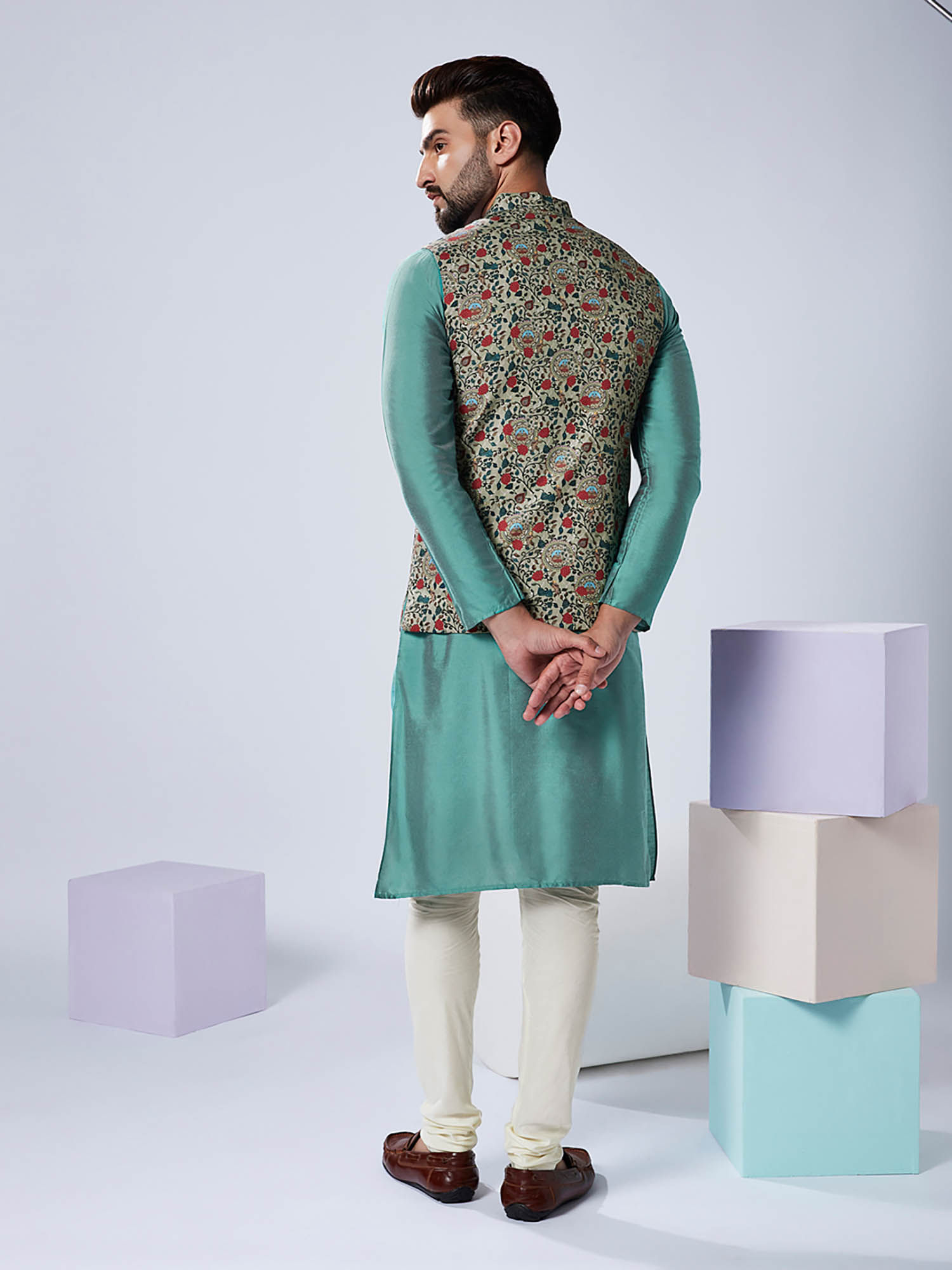 Buy KISAH Men Multi Coloured Printed Cotton Blend Kurta Jacket Churidar Set Online