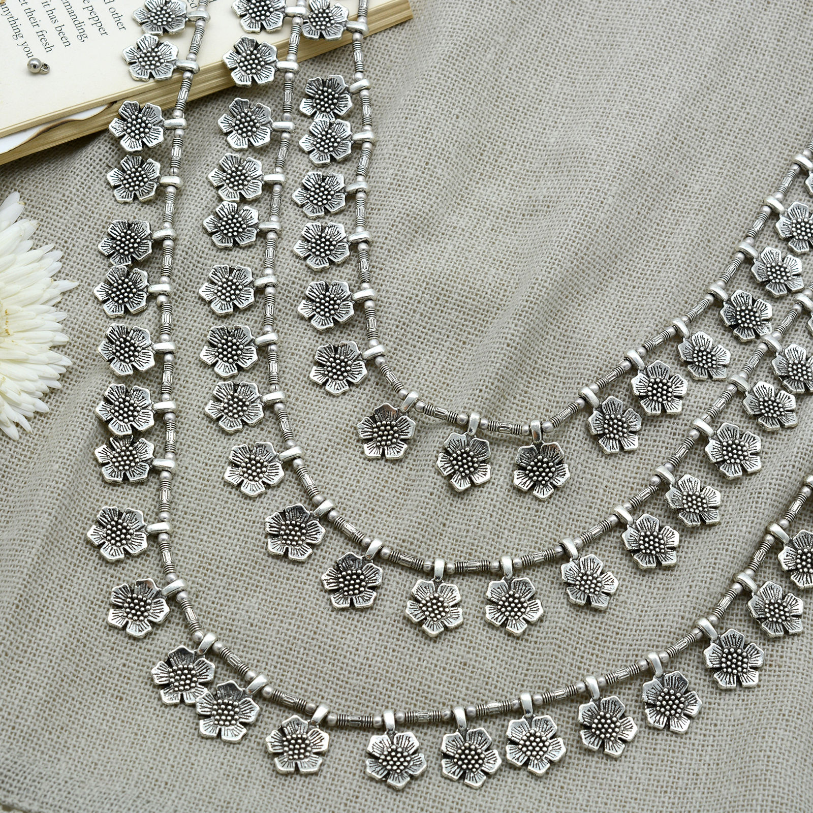 Teejh Vandana Floral Silver Oxidized Long Layered Necklace