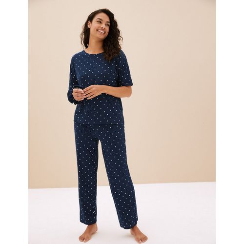 Marks Spencer Cotton Modal Cool Comfort Pyjama With Scrunchie Navy Blue  (Set of 3) (XS)