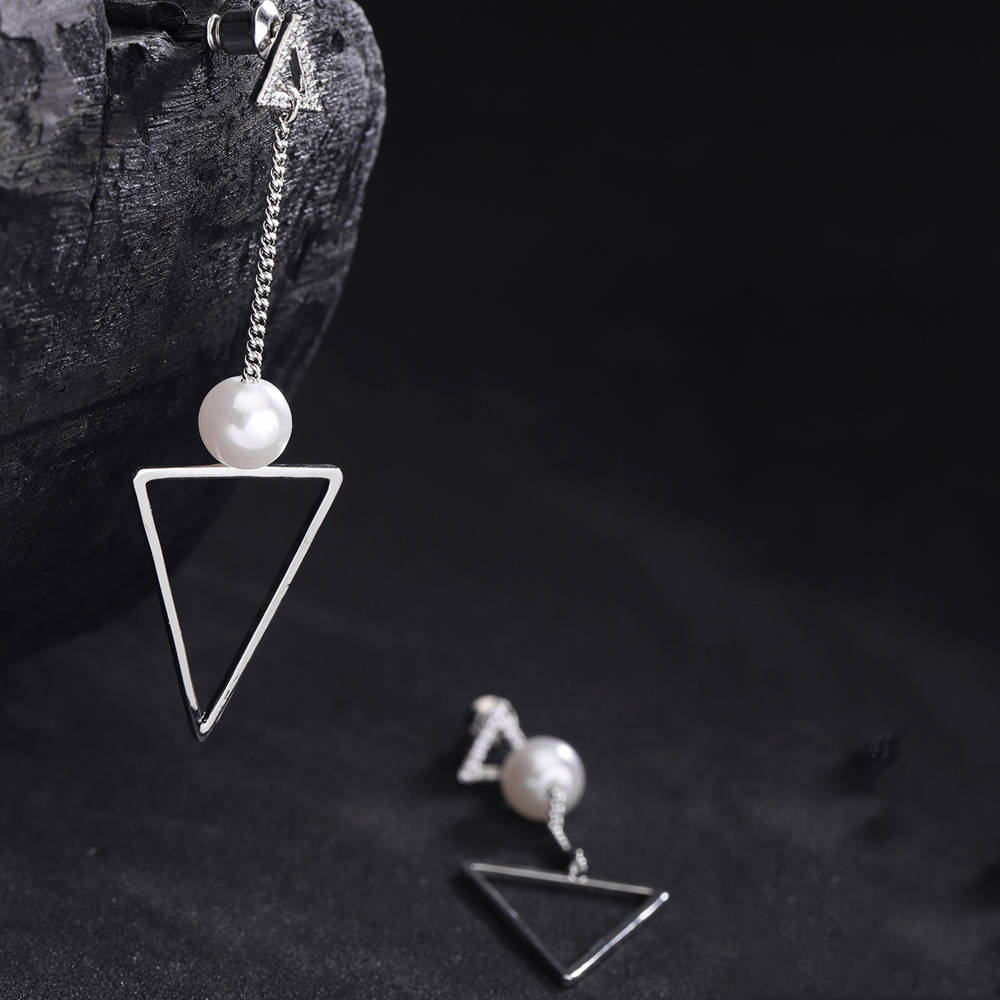 Carlton London Silver-Toned Triangular Drop Earrings with Rhodium-Plated & Has Artificial Beads
