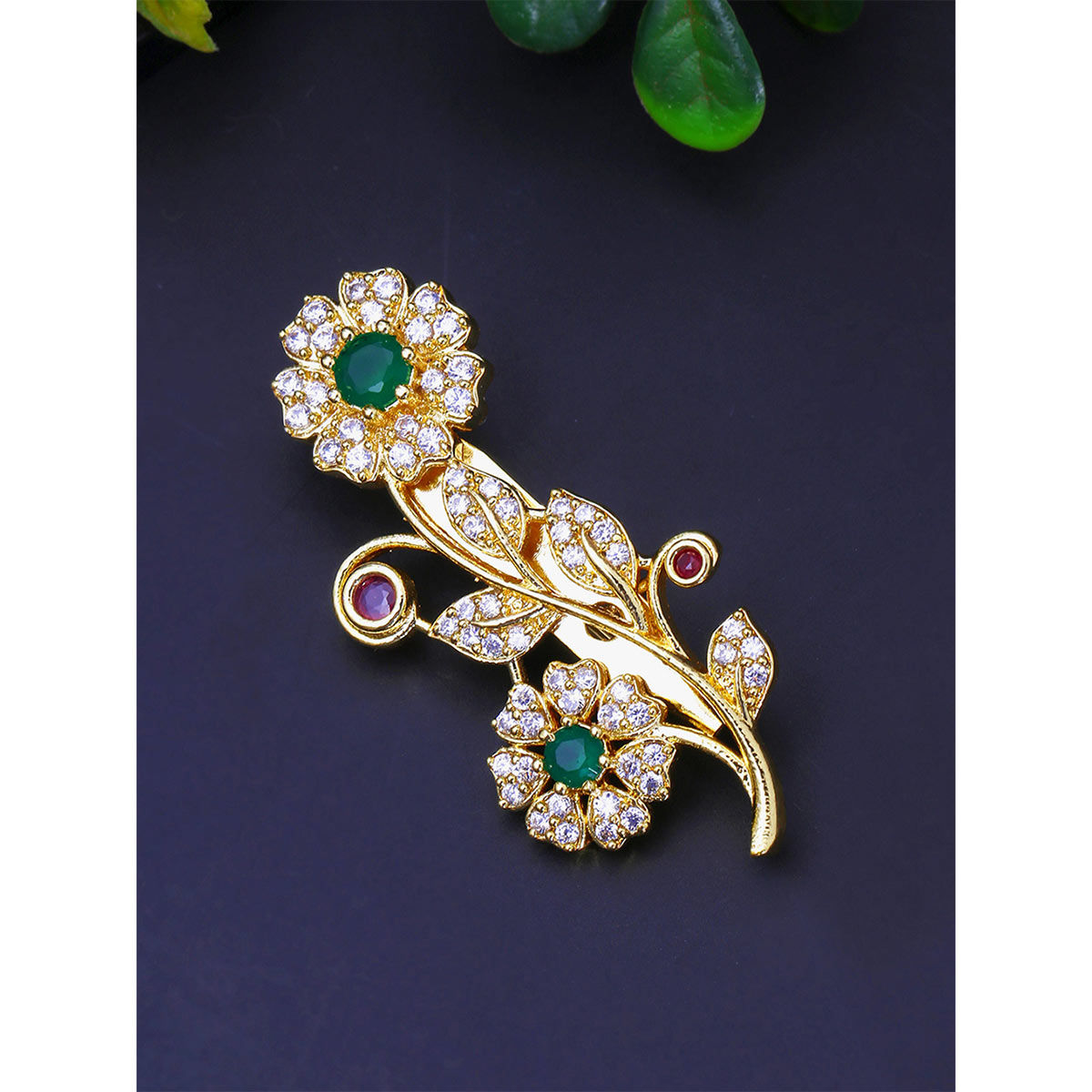 BOOM Gold plated Fashion Stylish Flower Design saree Brooch / Saree Pin  With Fixed White Stone For Women with hanging chain It makes the perfect  gift for your loved ones Latest design