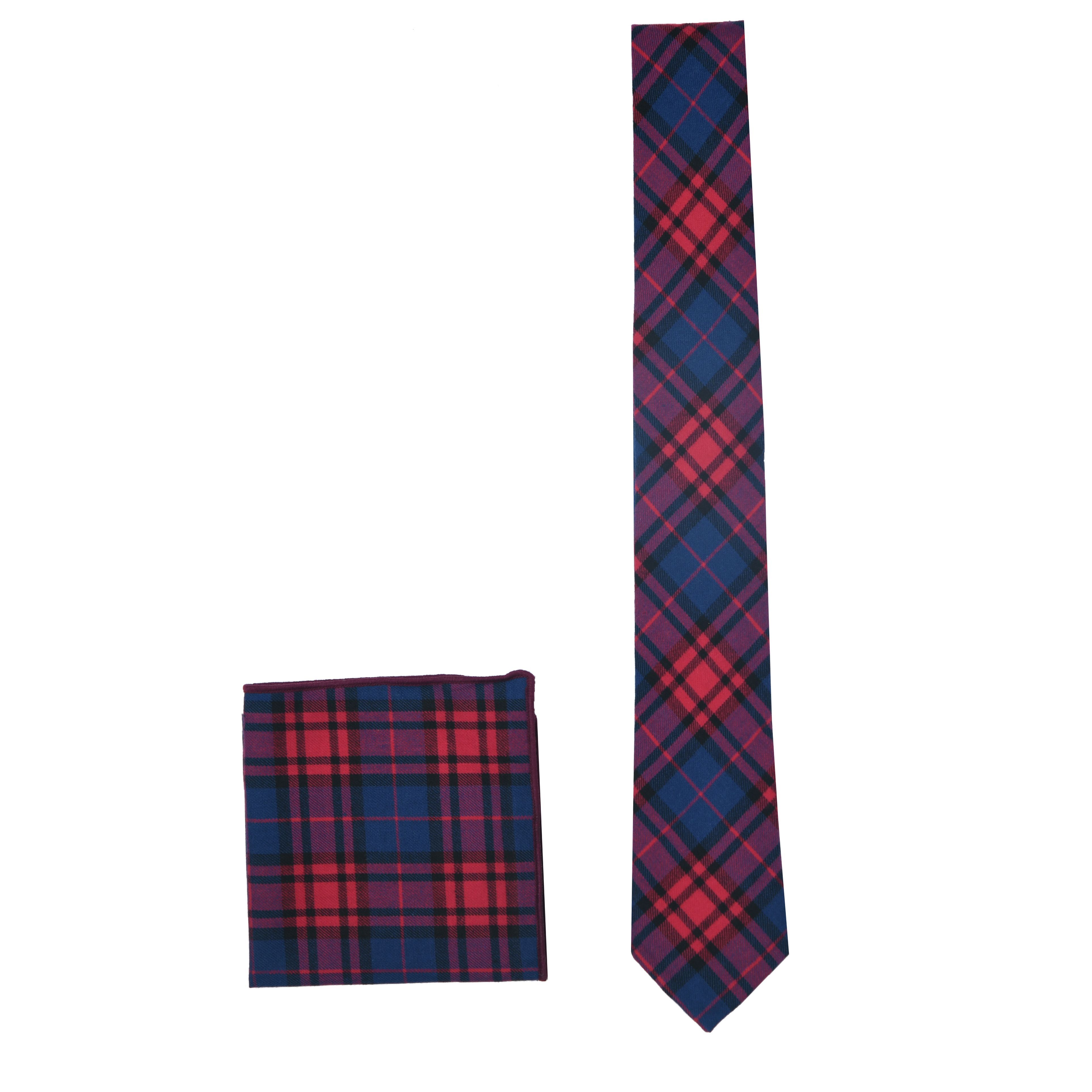Toffcraft Chequered Neck Tie & Pocket Square - Red & Blue