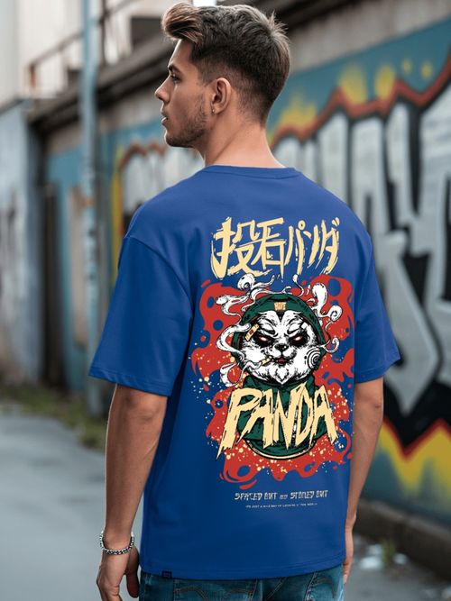 Bewakoof Men's Blue Stoned Panda Graphic Printed Oversized T-shirt