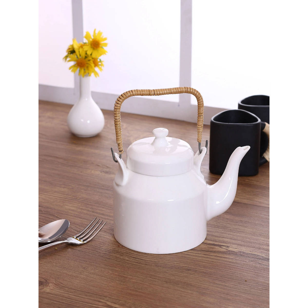 CLAY CRAFT Fine Ceramic White Tea Kettle for Serving Purpose
