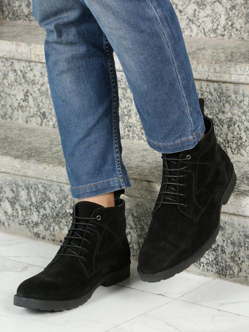 Teakwood Men Black Suede Leather Lace-Up Casual Boots