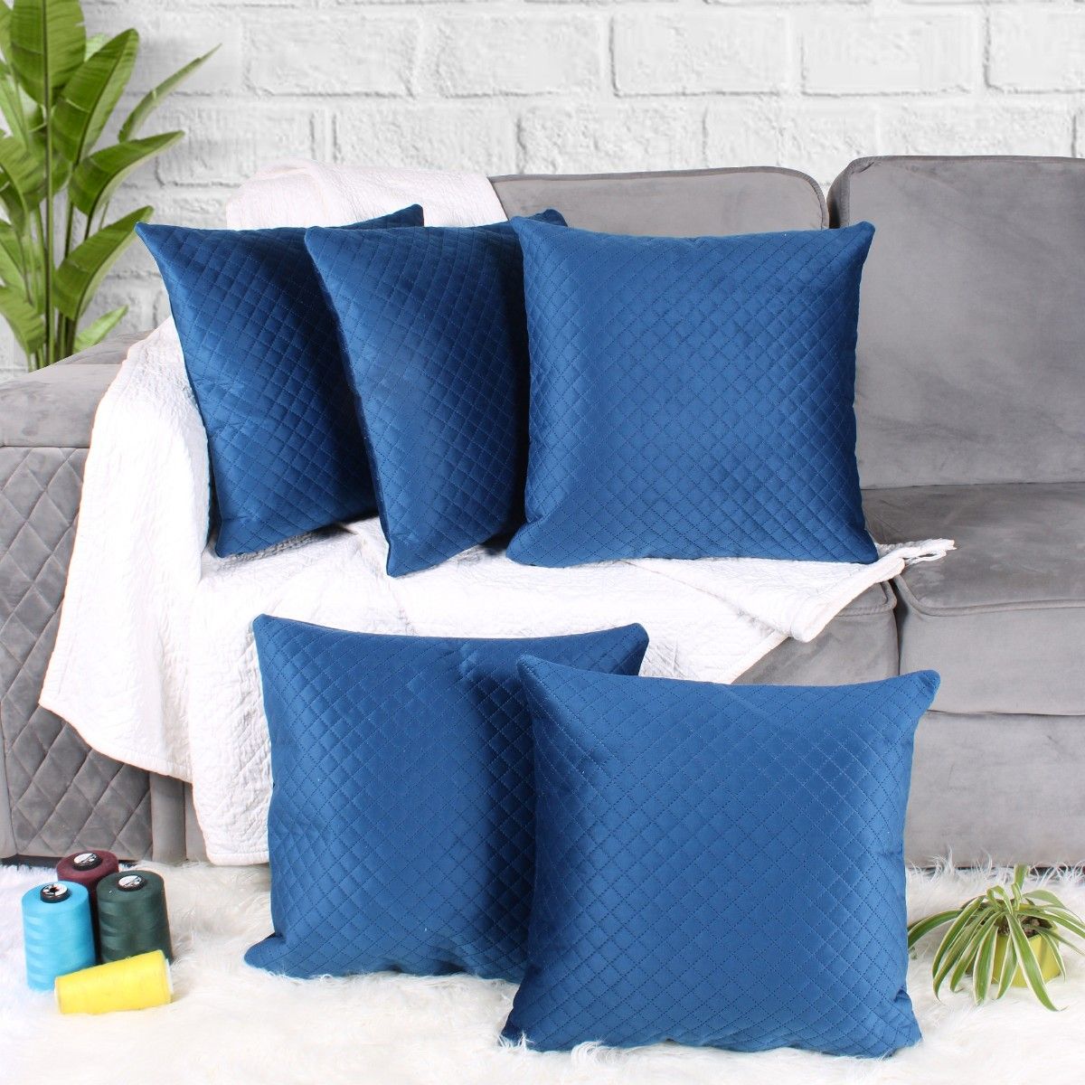 STITCHNEST Both Side Quilted Velvet Cushion Cover Set of 5 Blue Buy