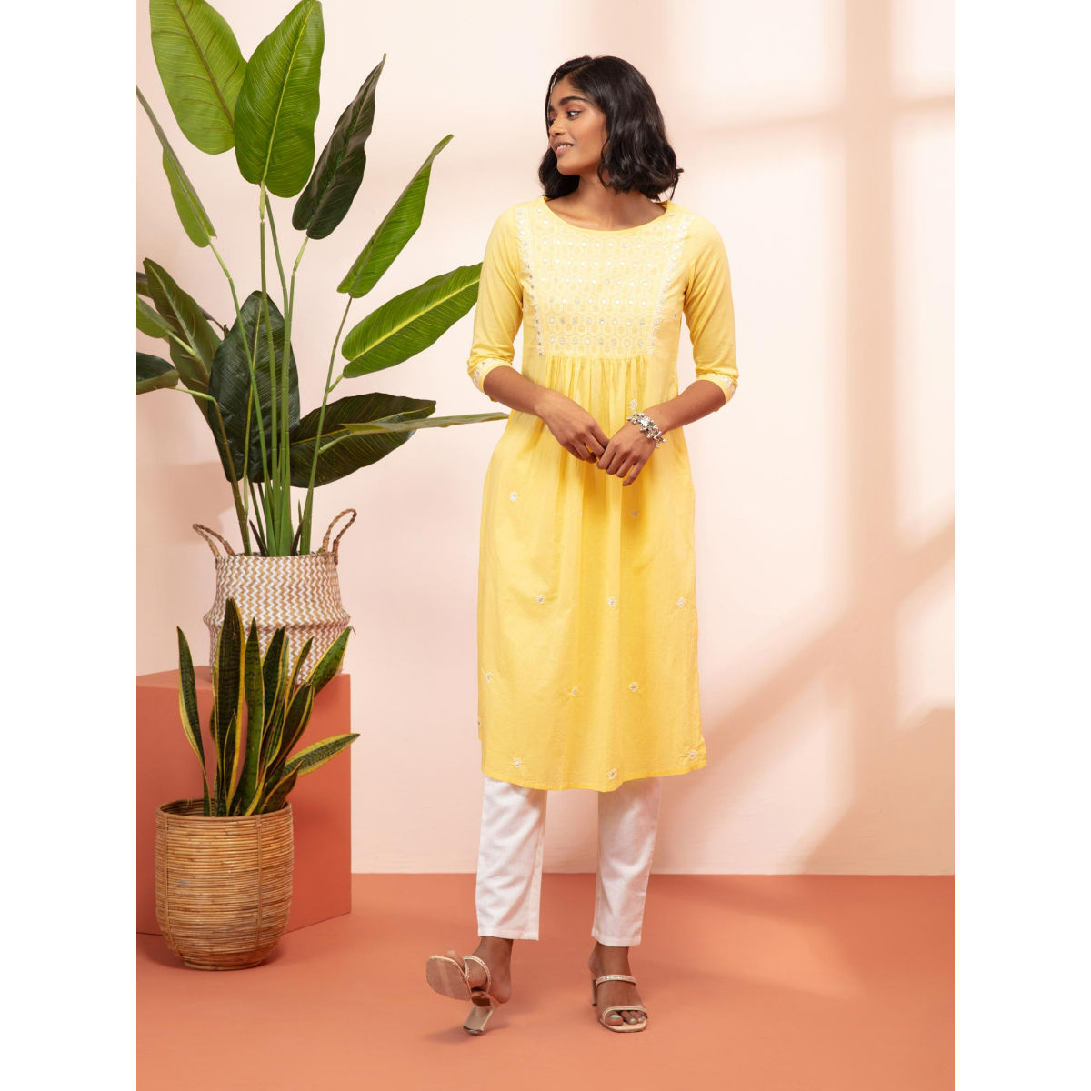Divena Kurtis Kurtas and Tunics  Buy Divena Yellow Printed Cotton A Line Kurti  Online  Nykaa Fashion