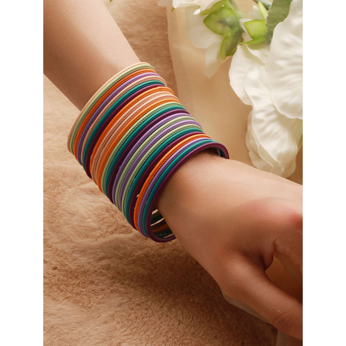 Buy Priyaasi Multicolor Pastel-Toned Textured Metal Bangle Set of
