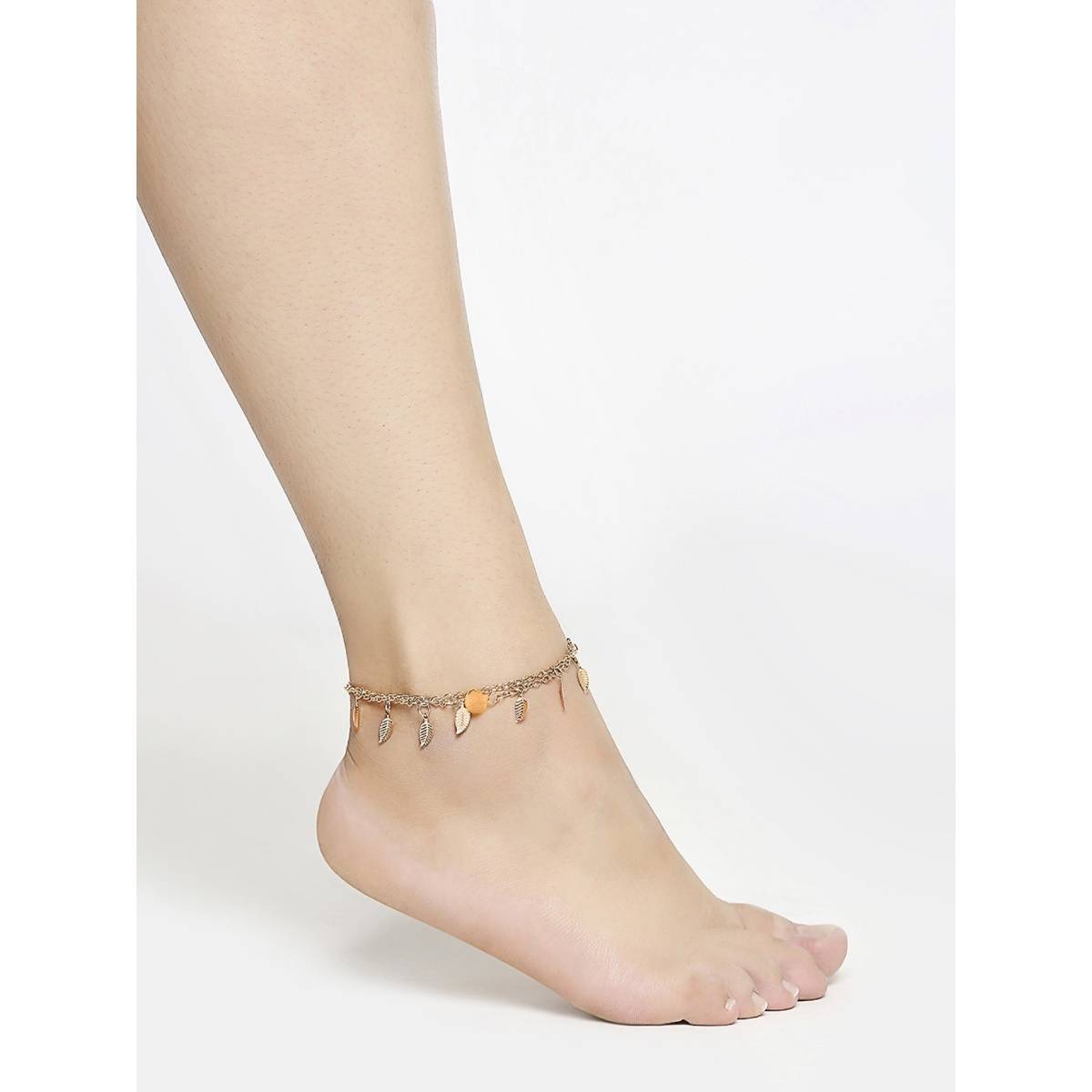OOMPH Single Piece Gold Tone Multi Layer Leaf Anklet for Women
