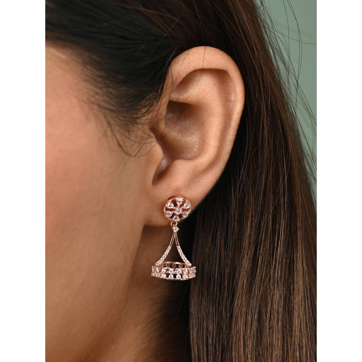 CLARA White 925 Silver Aiza Rose Gold Plated Swiss Zirconia Jhumki Earrings for Women