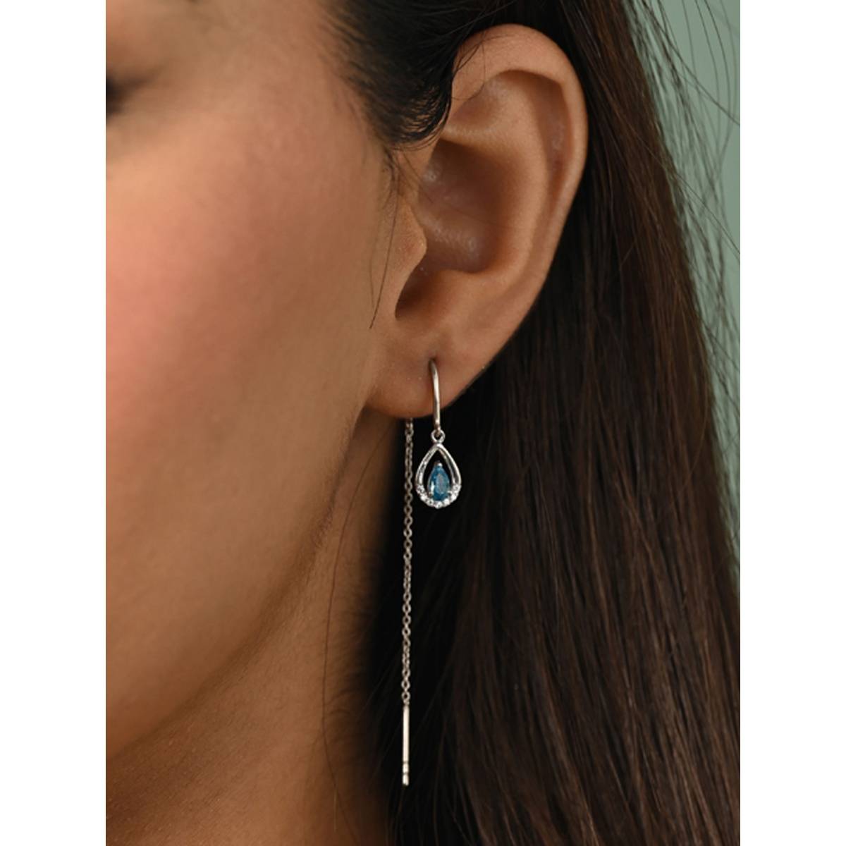 CLARA Blue 925 Silver Droplet Platinum Plated Long Chain Sui Dhaga Threader Earrings