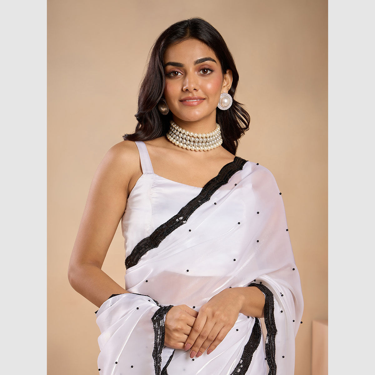 Pearl White Sequins & Thread Embroidered Designer Georgette Saree: Top –  Ethnos