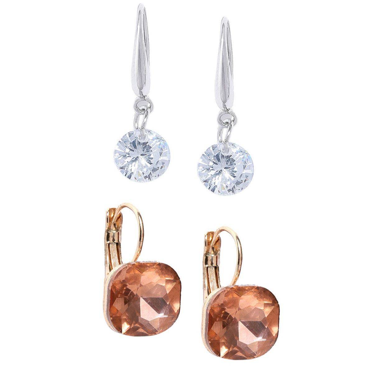 OOMPH Set Of 2 Silver Delicate Cubic Zirconia & Gold Square Cubic Zirconia Drop Earrings