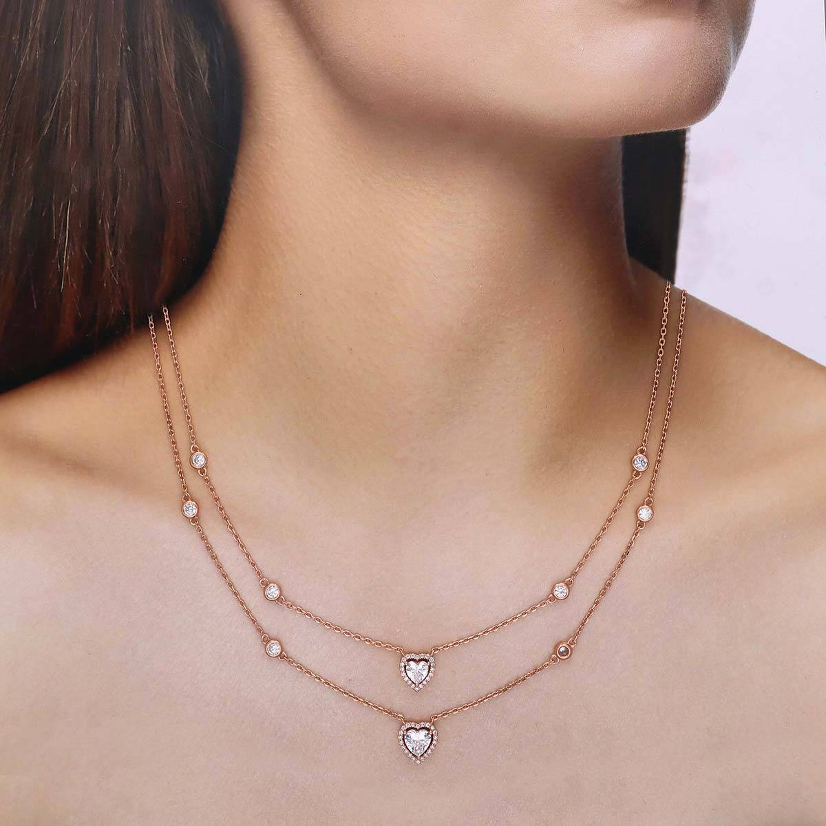 Kai Jewel Sterling Silver Rose Gold Layered Hearts Chain Necklace