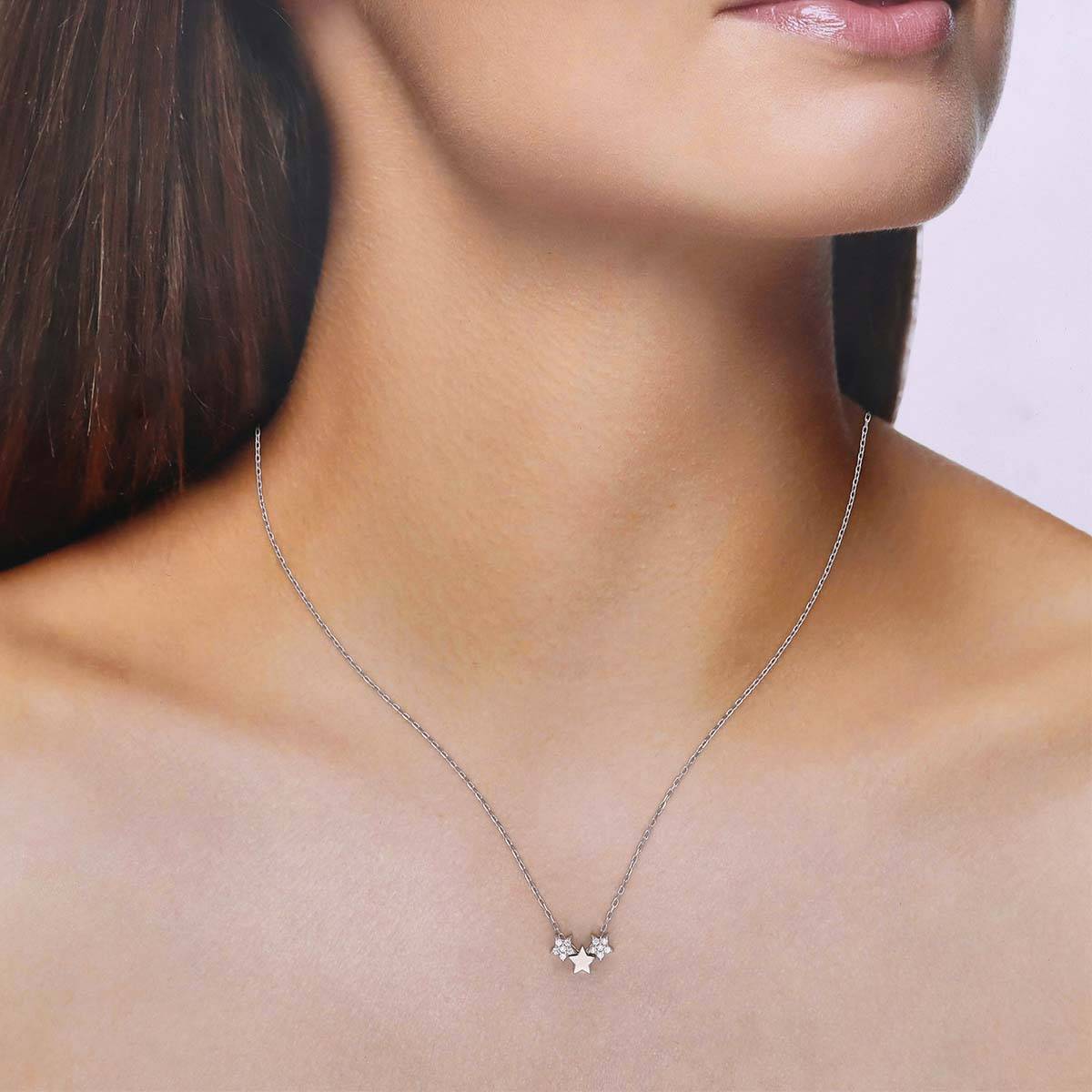 Kai Jewel Sterling Silver Three Twinkling Stars Casual Chain Necklace