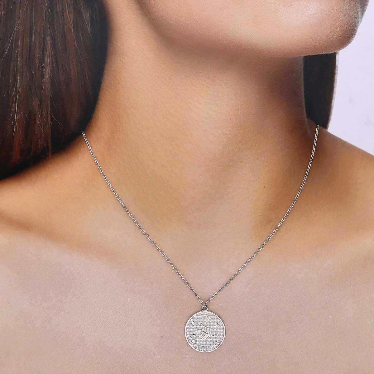 Kai Jewel Sterling Silver Minimalistic Scorpio Zodiac Engraved Disc Chain Necklace