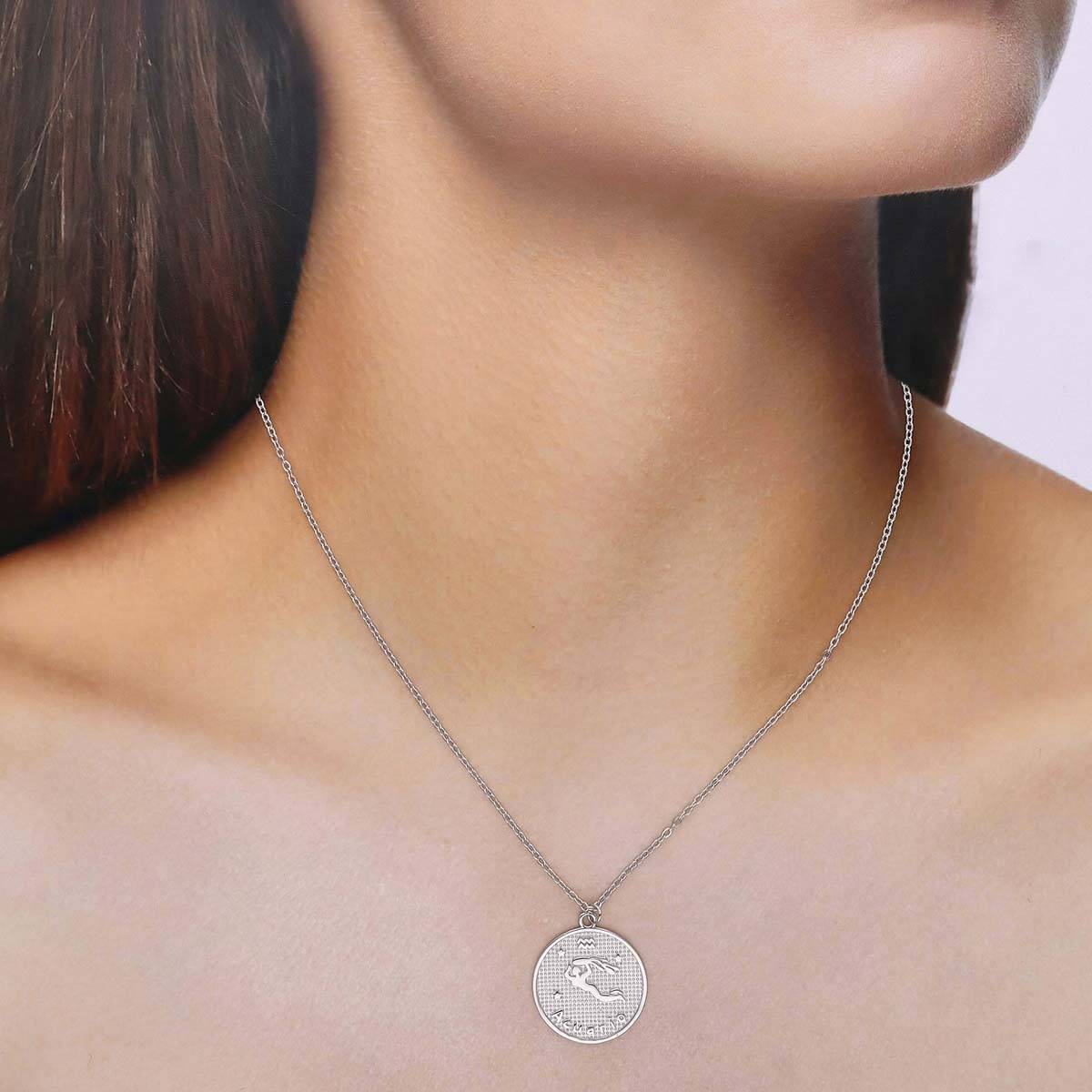 Kai Jewel Sterling Silver Minimalistic Aquarius Zodiac Engraved Disc Chain Necklace