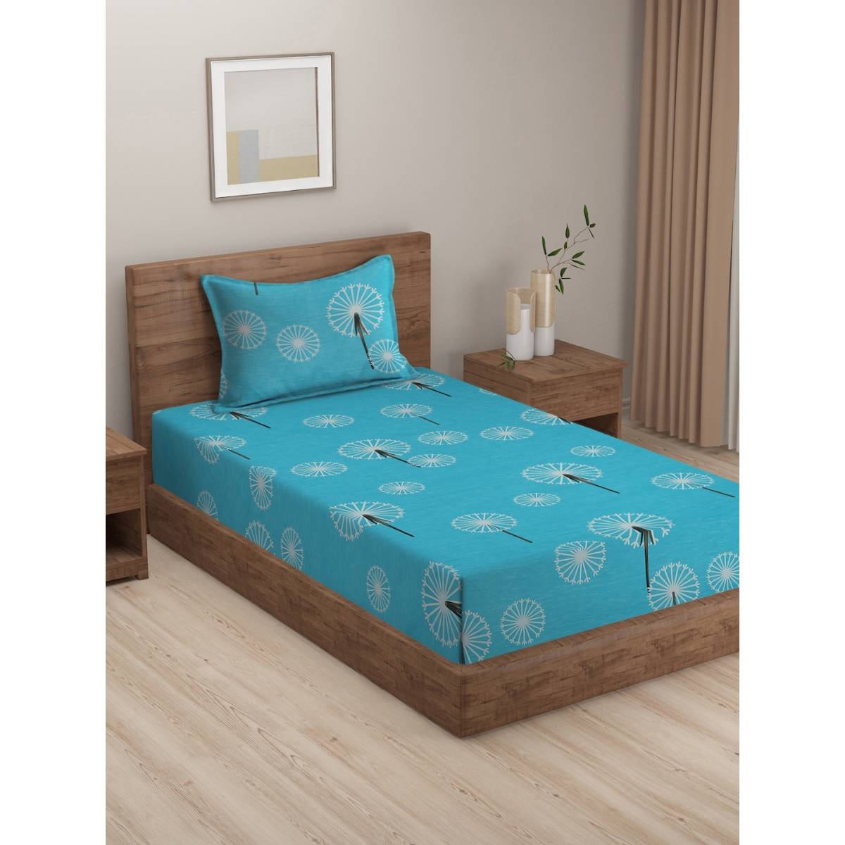 HOSTA HOMES Blue Printed 210 Tc Flat Single Bedsheet with 1 Pillow Cover