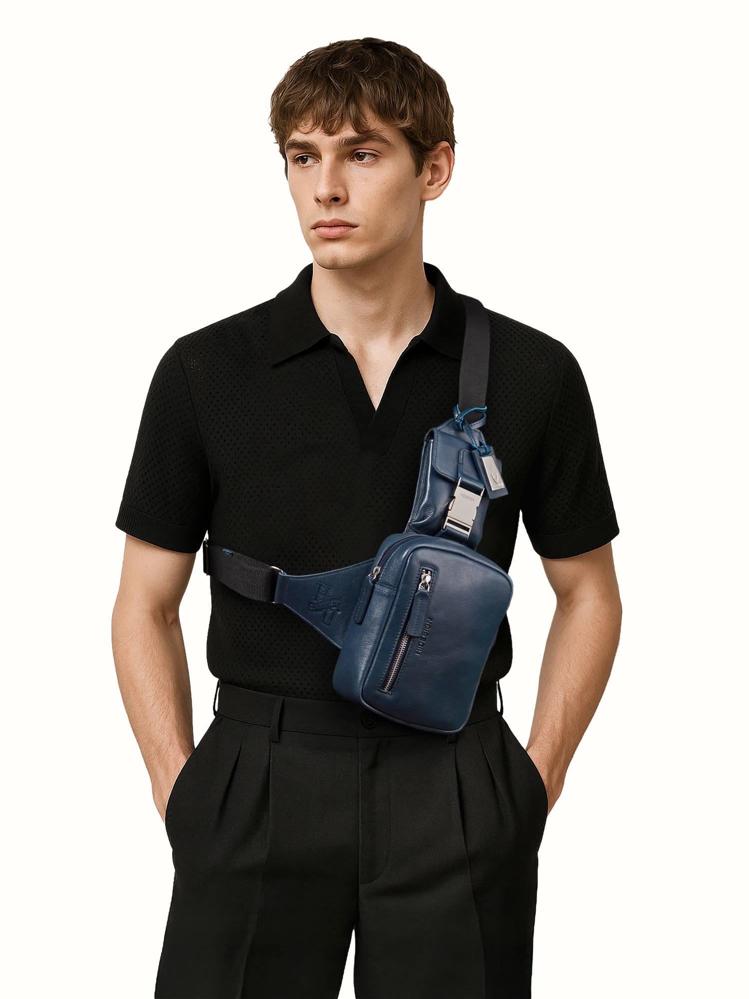 Hidesign Andover 01 Genuine Leather Mens Blue Belt Bag