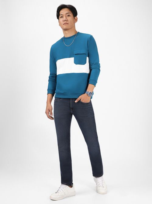 Urbano Fashion Mens Teal Cotton Color Block Round Neck Sweatshirt