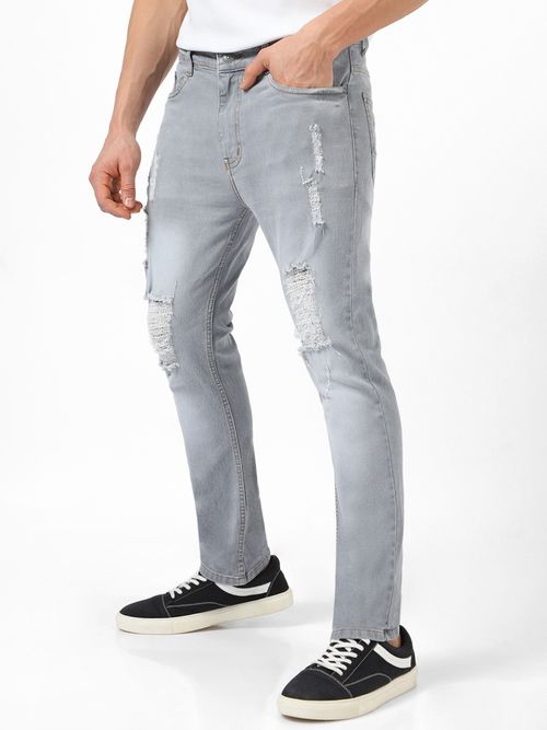 Buy Urbano Fashion Men Light Grey Slim Fit Heavy Distressed Torn
