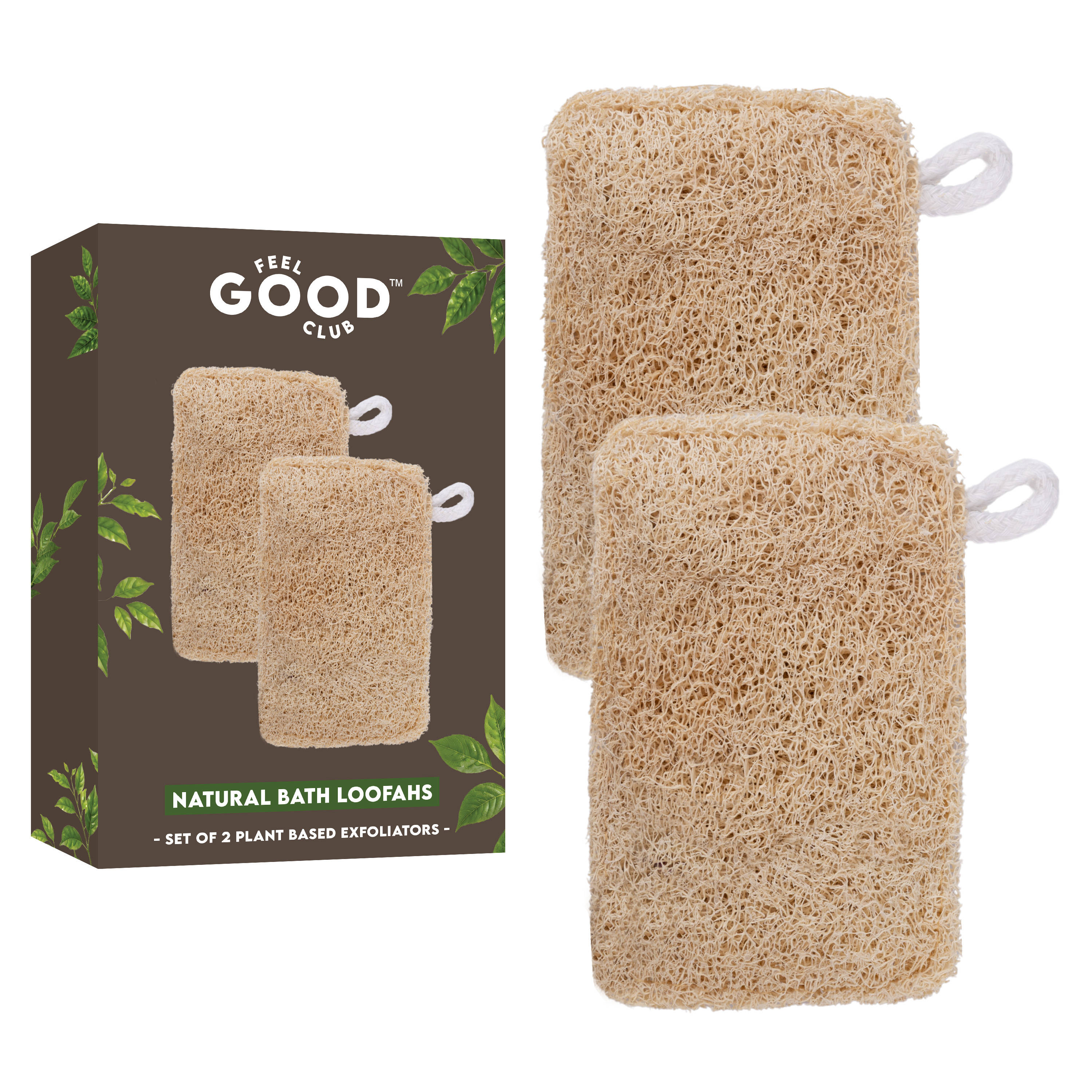 Feel Good Club Pack Of 2 Natural Bath Loofahs - Body Scrubber Shower Sponge For Skin Cleansing Care
