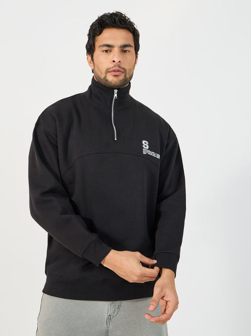 Styli Men Black Quarter Zip High Neck Boxy Fit Heavy Sweatshirt