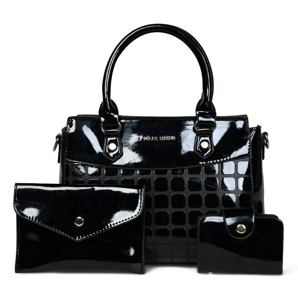 Pelle Luxur Stylish Black Satchel Bag for Women with Pouch (Set Of 3) (M)