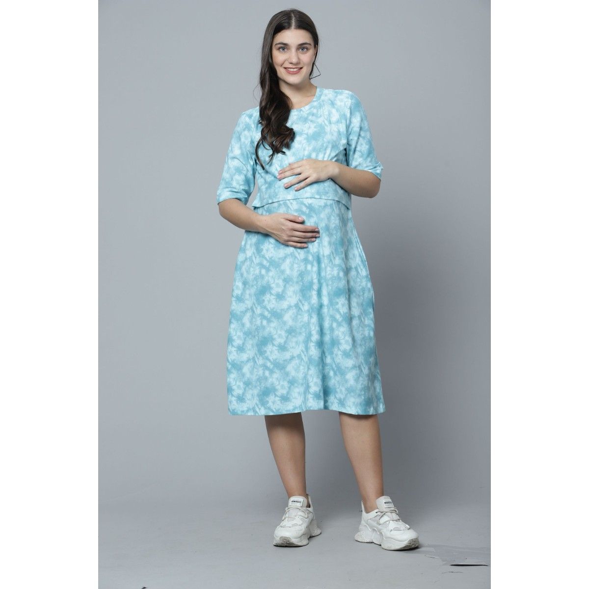 Buy Zelena Half Sleeves Sky Blue Zipless Maternity Dress Online