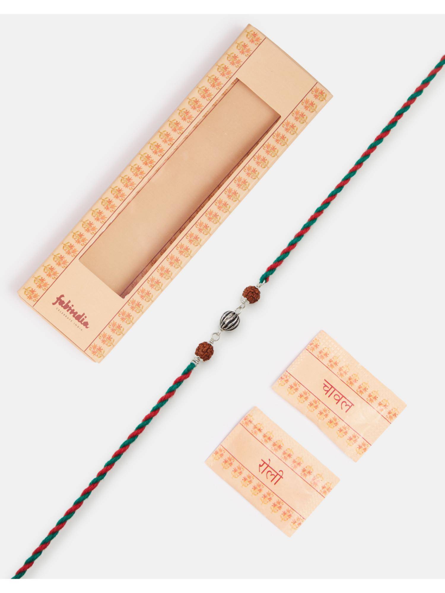 Fabindia Women Silver Rudraksha Thread Rakhi with Roli Chawal