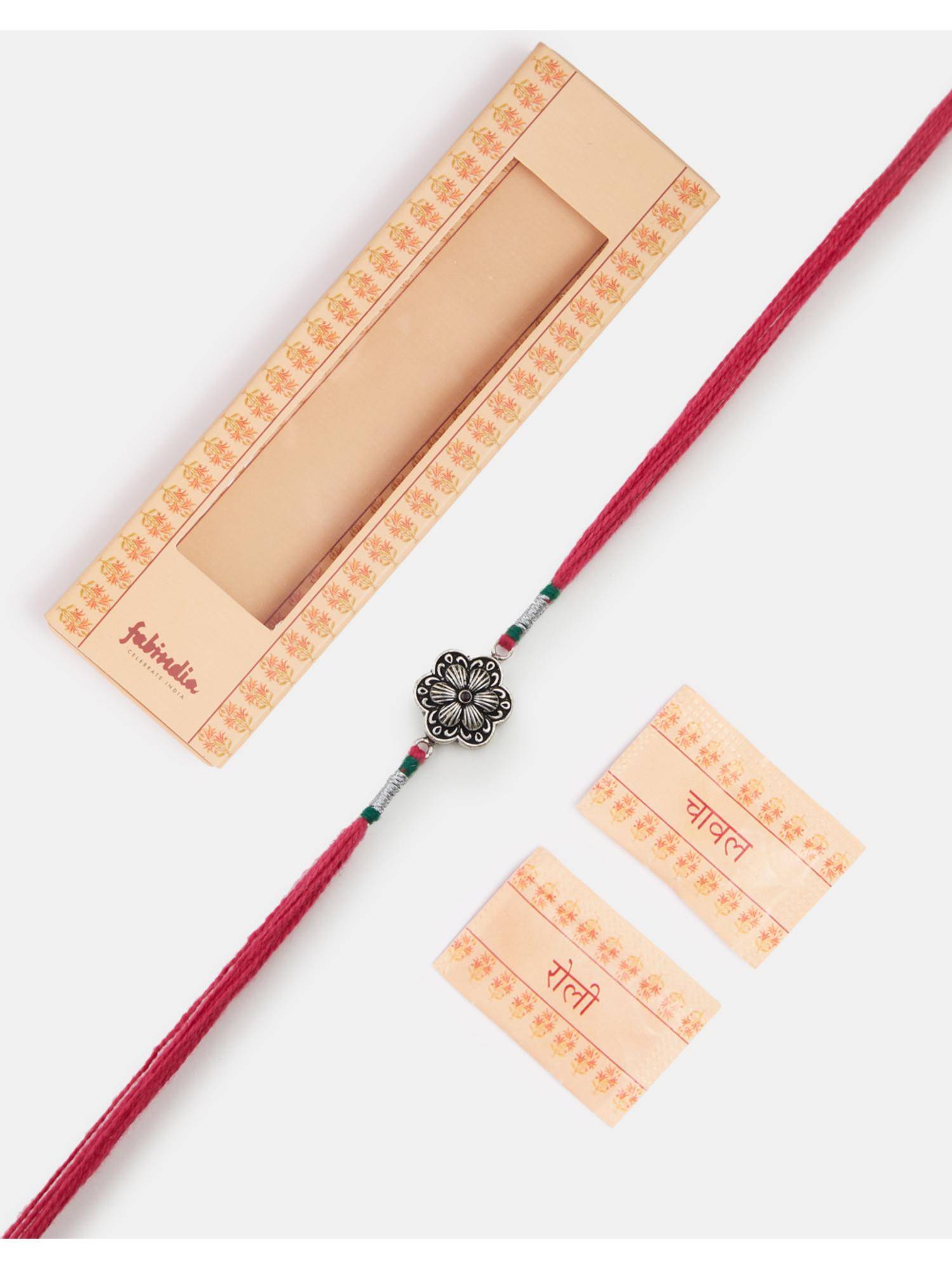 Fabindia Women Pink Stone Thread Rakhi with Roli Chawal