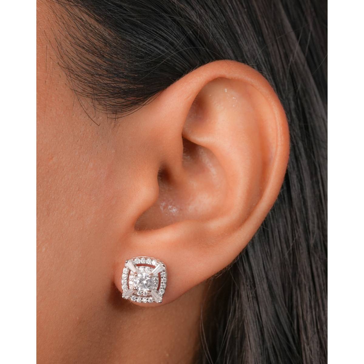 Johori Silver Radiant Square Zircon Studs Earrings