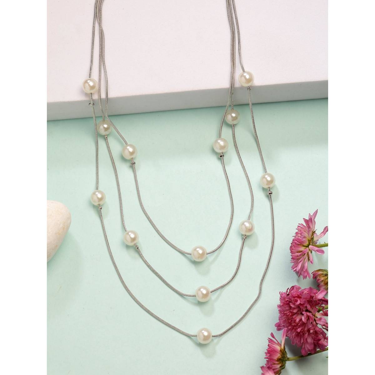 NVR Womens Silver-Plated White Pearls Party Multi Layered Necklace