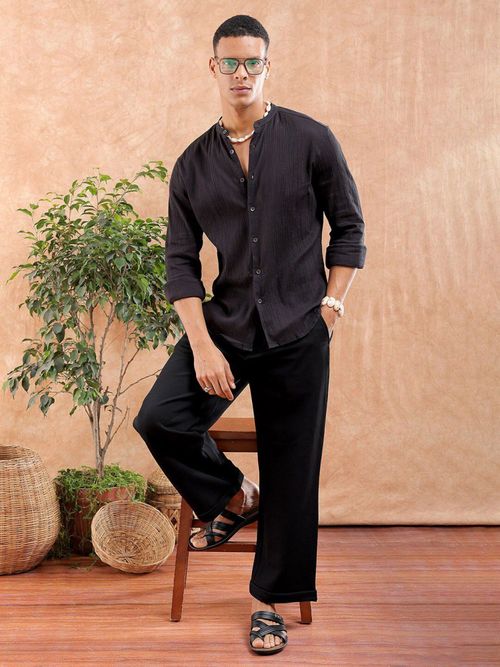 Buy The Indian Garage Co Men Slim Fit Solid Full Sleeves Mandarin Collar Resort  Wear Shirt - Black Online