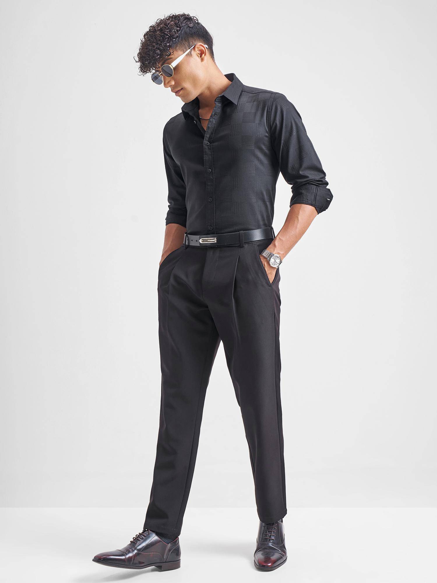 Buy HIGHLANDER Men Black Dobby Textured Shirt Online