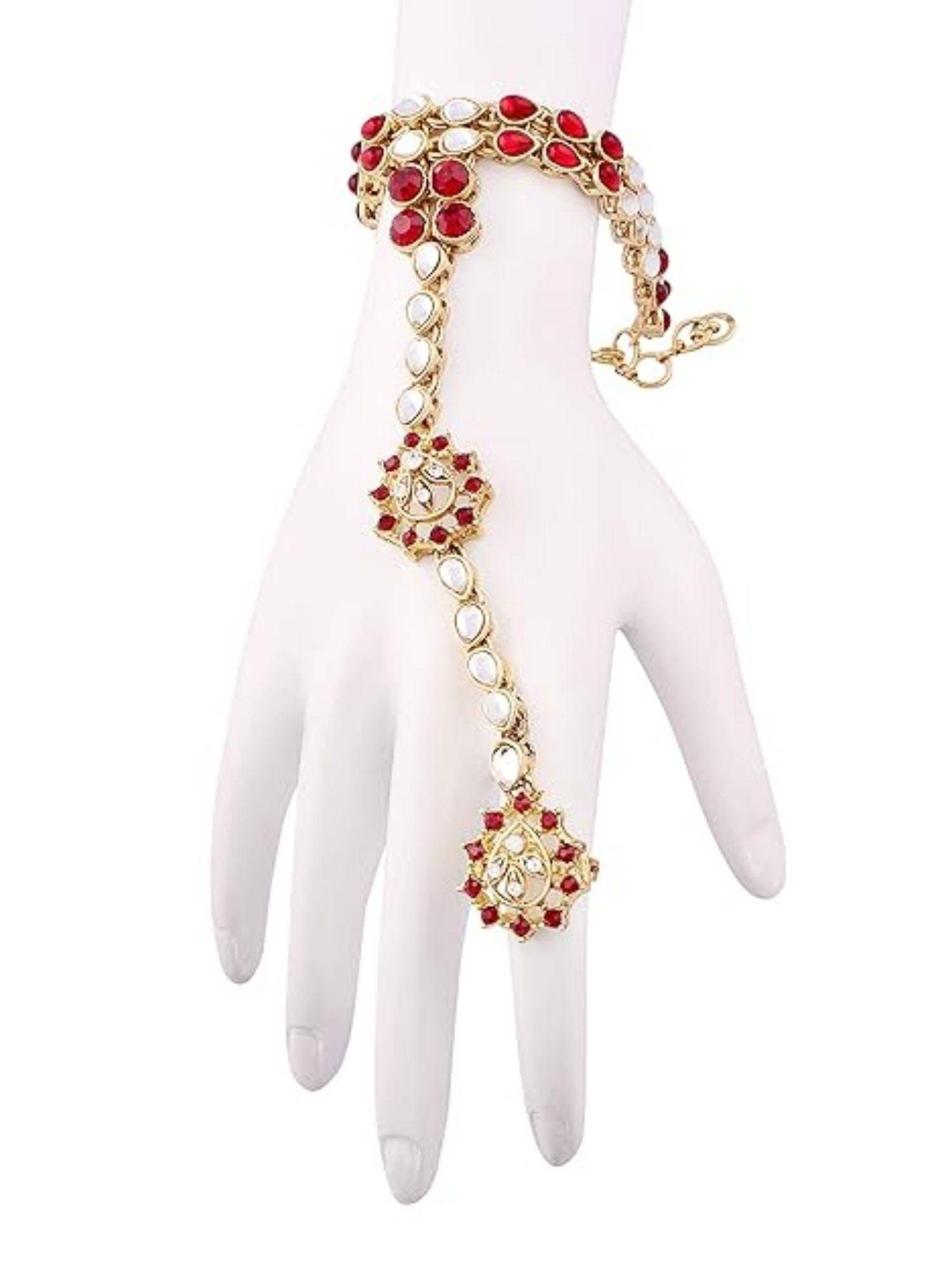 I Jewels Maroon Gold Plated Kundan Studded H&crafted Ring Bracelet