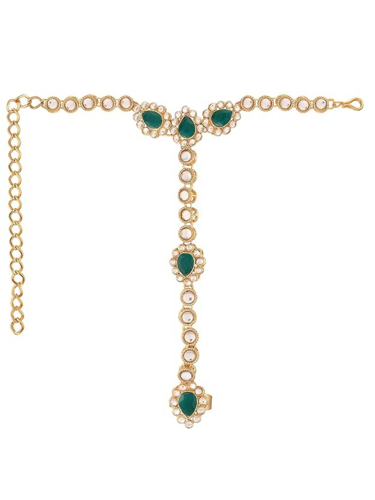 I Jewels Women Kundan Studded & Beaded Gold Plated Ring Bracelet