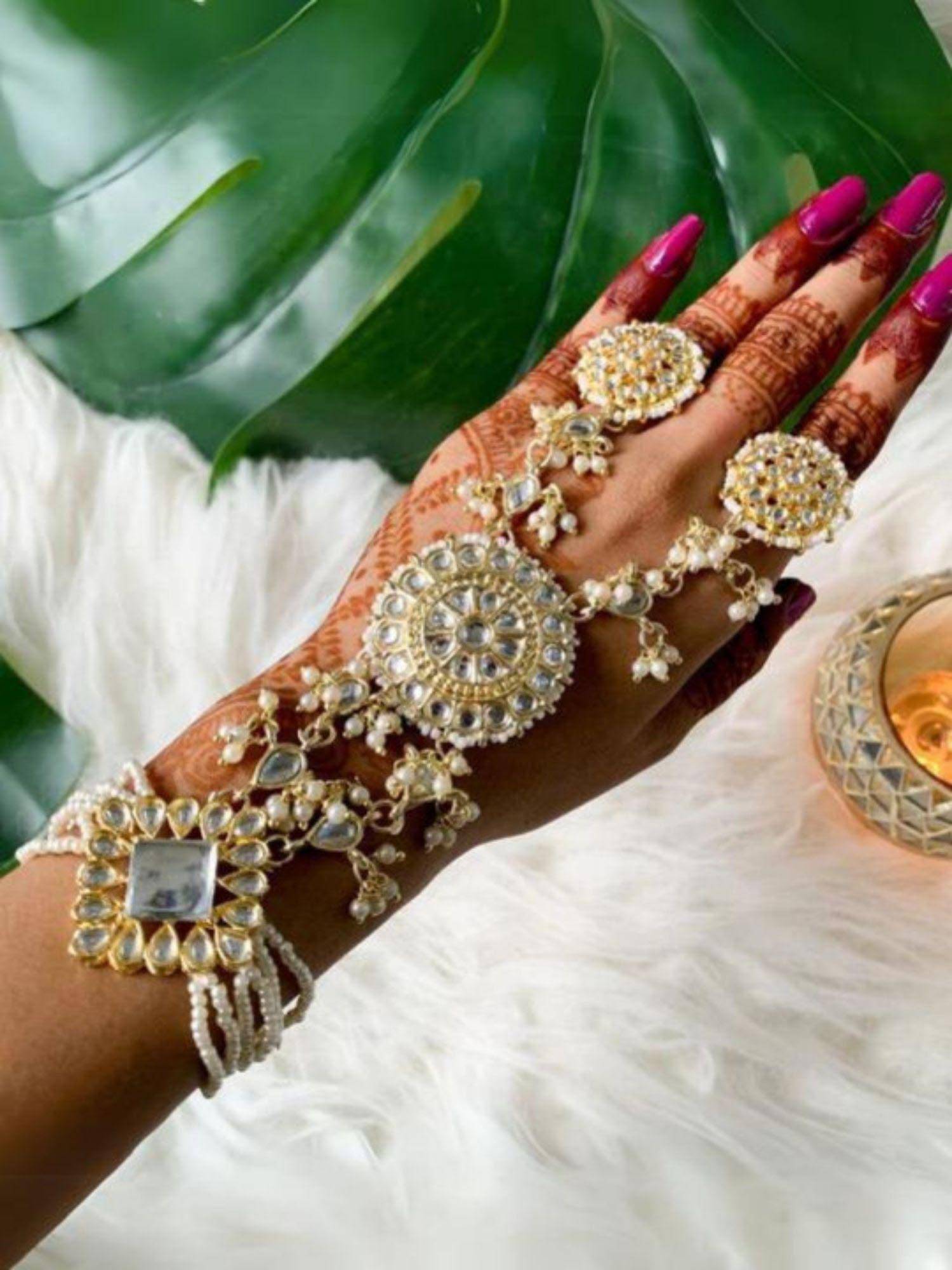 I Jewels Gold Plated Kundan Studded & Pearl Beaded Ring Bracelet