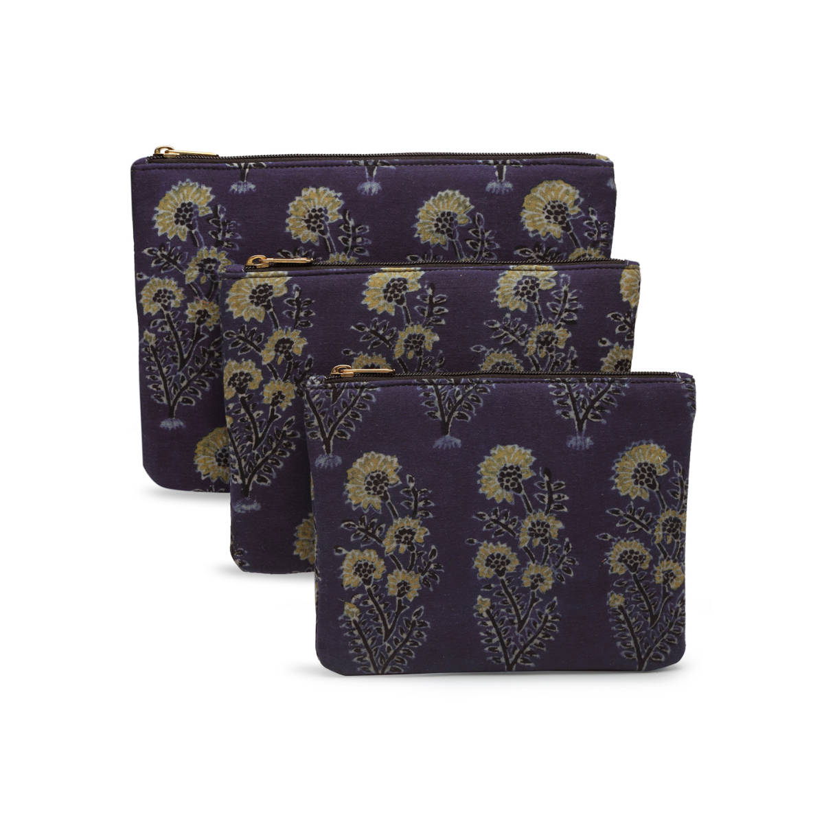Praccessorii Navy Blue Color Floral Printed Pouch Kit (Set of 3)