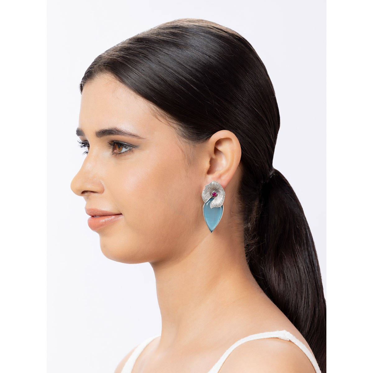Niscka Blue Stone Oxidised Floral Drop Earring