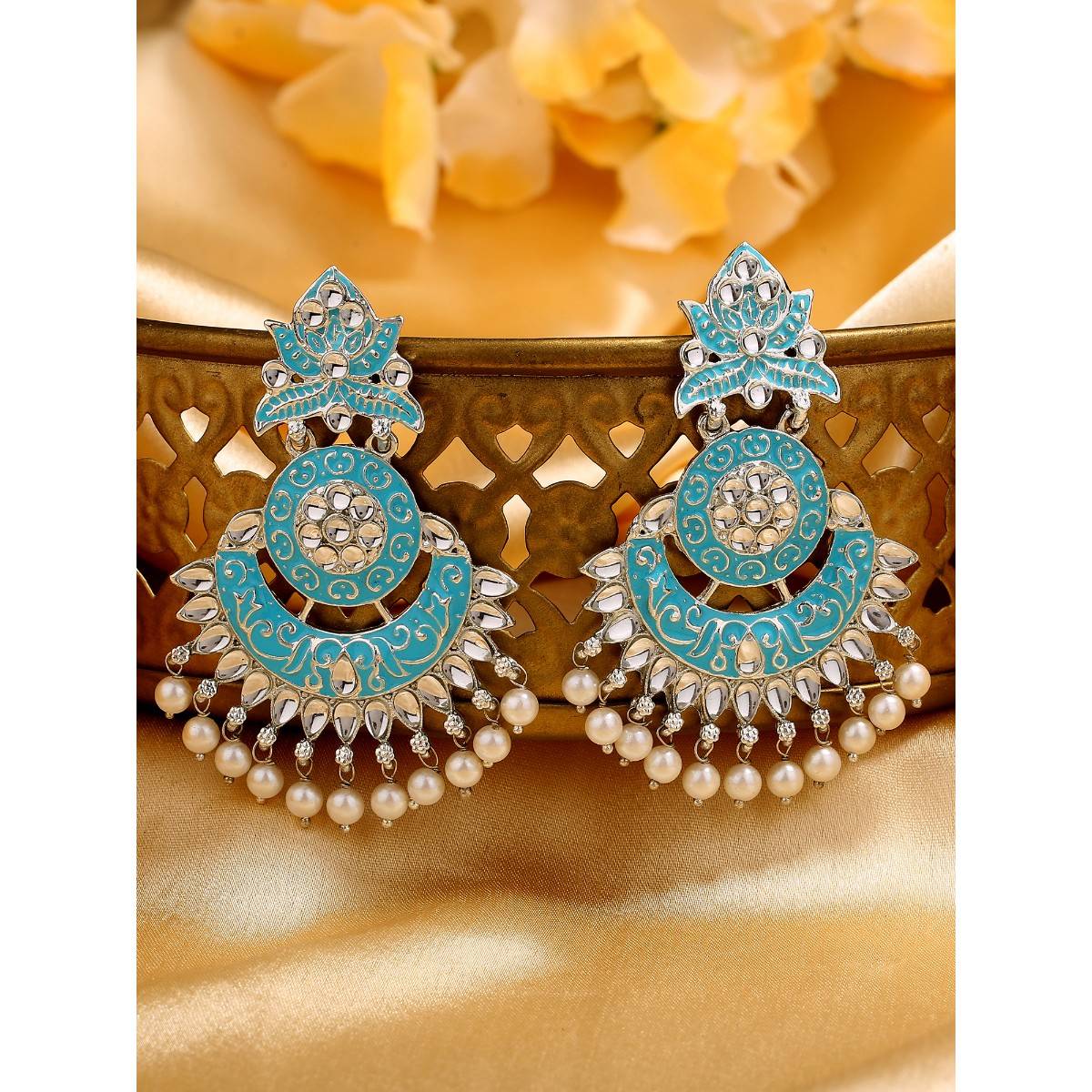 Estele Rhodium Plated Traditional Blue Meenakari Drop Earrings with Pearl for Women