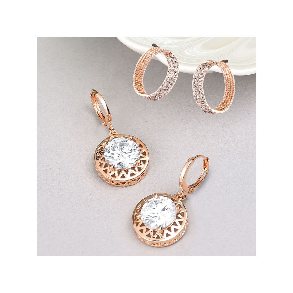 Zaveri Pearls Combo of 2 Rose Gold Cubic Zirconia Brass Stud & Drop Earring-ZPFK10851