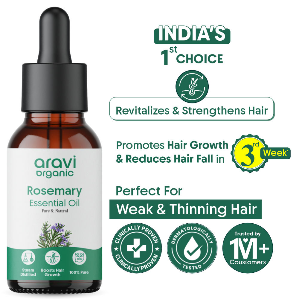 Aravi Organic 100% Pure Rosemary Essential Oil For Boosts Hair Growth & Deeply Nourishes Scalp