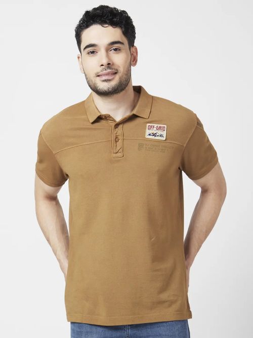 Spykar Men Khaki Cotton Slim Fit Half Sleeve Collar Neck Plain Polo T-shirt
